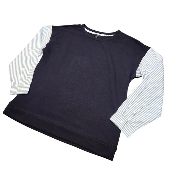 Talbots Top Woven Sleeve Crew Neck Navy Blue Striped Long Sleeve Preppy Twee L - Picture 6 of 14